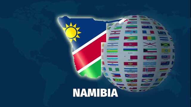 Namibia map zoom in video animation with rotating flag globe