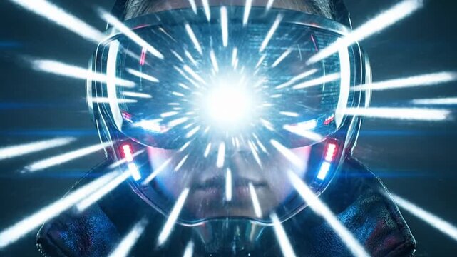 Cinematic portrait of a person in an advanced vr headset, visor reflecting glowing data streams and a neon digital landscape, evoking the metaverse and futuristic immersion