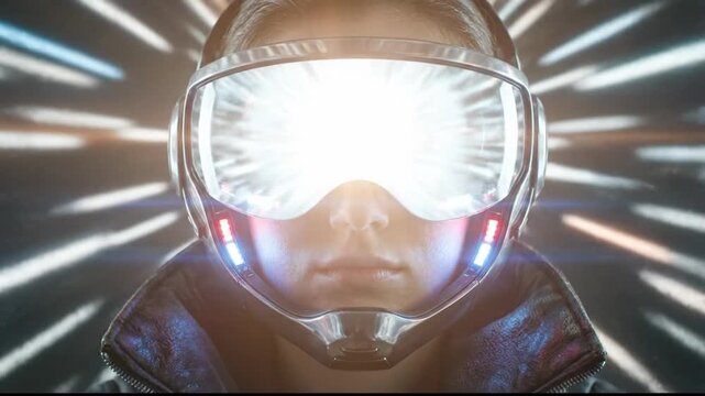 Cinematic closeup of a person wearing an advanced augmented reality helmet with glowing neon lights, experiencing a fast journey through a digital hyperspace tunnel reflected in the visor