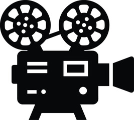 Minimal vector silhouette, vintage projector with two film reels on top, solid black, isolated on white.