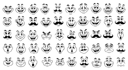 A large collection of cartoon faces with a variety of expressions, including happy, sad, angry, surprised, and confused. © aiko
