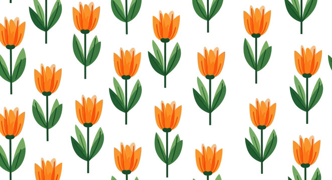 A seamless pattern of stylized orange tulips with green stems and leaves on a white background.