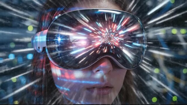 Young woman in a server room wearing a futuristic headset, with data and a light speed tunnel reflected in the visor. This represents digital transformation and connection to the metaverse