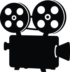 Minimal vector silhouette, vintage projector with two film reels on top, solid black, isolated on white.