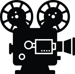 Minimal vector silhouette, vintage projector with two film reels on top, solid black, isolated on white.