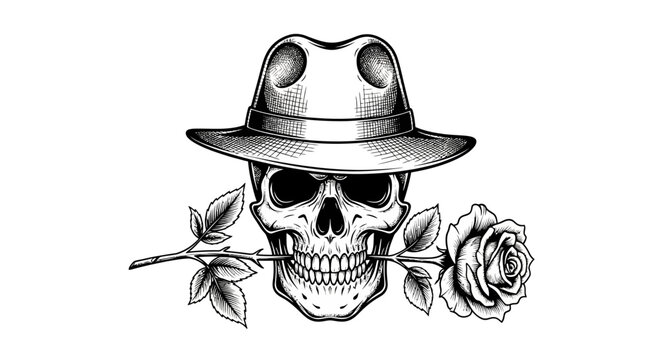 A detailed illustration of a skull wearing a fedora hat and holding a rose in its mouth, rendered in a vintage, engraved style.