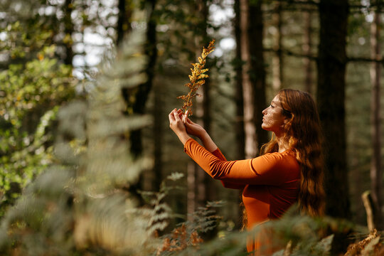 Young woman with long hair holding plant while standing against trees in forest