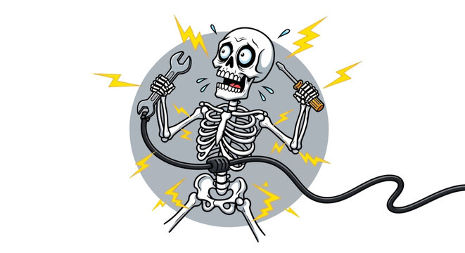 A cartoon skeleton is electrocuted while holding a wrench and a screwdriver, with lightning bolts surrounding it.
