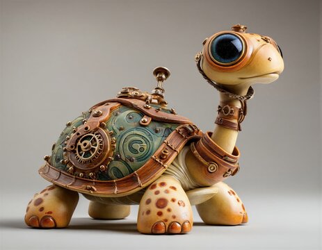 Una tortuga estilizada con elementos steampunk.