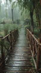 Fototapeta premium Un puente de madera bañado por la niebla en un jardín japonés.