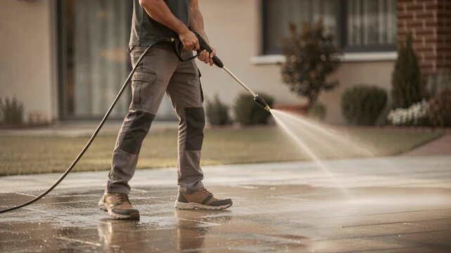 A man using a power washer to clean a driveway, creating a clean and refreshing image with sunny, warm light in the suburbs. Ideal for cleaning services and home improvement