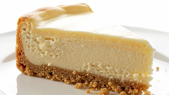 A slice of cheesecake sits on a white plate. The cheesecake features a creamy texture and a crumbly crust made of graham crackers and sugar.