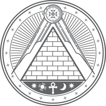 A circle with a pyramid and a cross on it