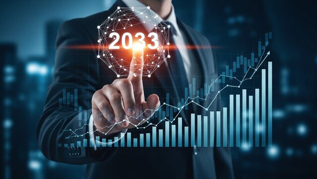 Businessman in suit interacts with futuristic digital interface displaying 2040 projections and data analysis graphs