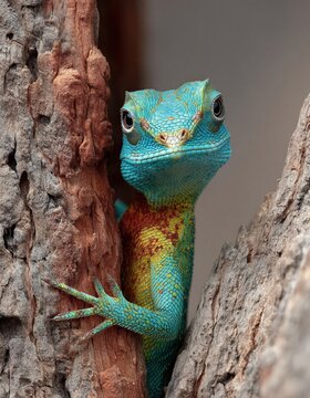 Un lagarto azul vibrante asoma entre la rugosa corteza de un &aacute;rbol.
