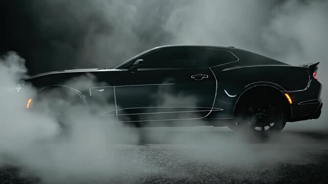 Powerful modern muscle car performing a burnout on dark asphalt at night. Clouds of smoke billow from the spinning tires as the bright headlights cut through the thick haze