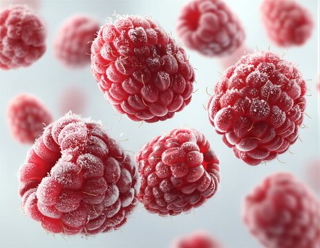 Una imagen macro de frambuesas cubiertas de escarcha flotando en el aire.