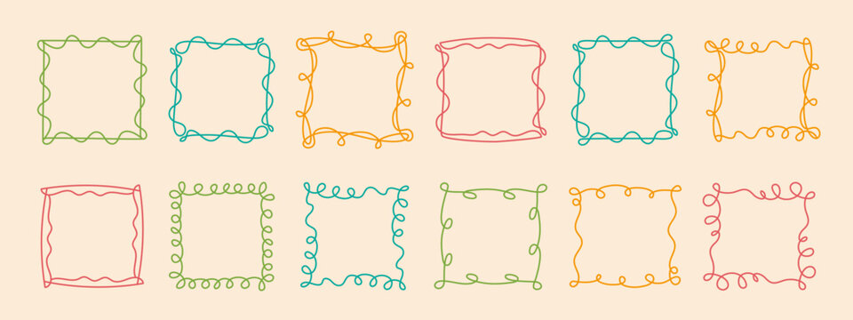 Square doodle frame, hand-drawn wavy curly engagement monograms. Edgings and cadres simple sketchy scribble swirl design, editable one line decoration old-fashioned greeting elements. Editable stroke.