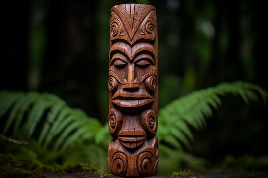 Polynesian tiki wood carving standing in a lush, green natural forest setting