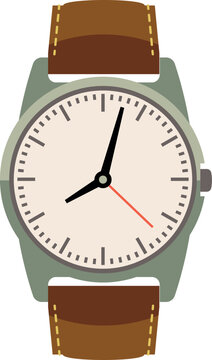 A watch with a brown band and a white face