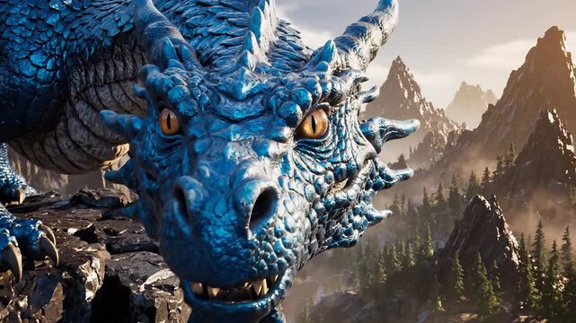 A large blue dragon perches on a rocky cliff. The dragon's sharp features contrast with the rugged mountain landscape in the background.