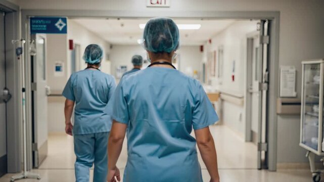 A medical team progresses down a hospital corridor, embodying dedication and compassion. Ideal for illustrating healthcare, medicine, and the tireless work of healthcare workers. Focus on care and exp