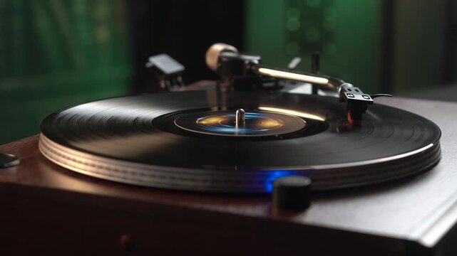 Spinning Long Play Vinyl Record on Vintage Turntable, Close Up