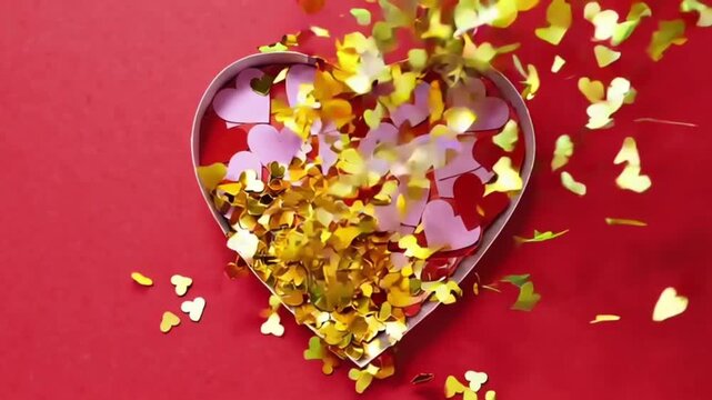 Animation of yellow confetti falling over heart paper cutouts in heart shaped box on red background
