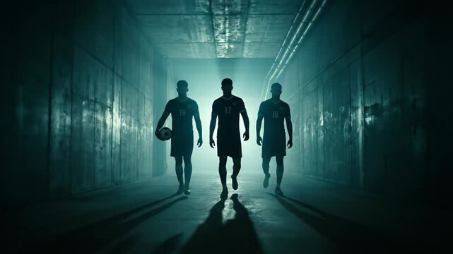Three determined soccer players walking through a dark, smoky tunnel towards the field, their silhouettes backlit by a bright light as they prepare for a big game, one holding a football