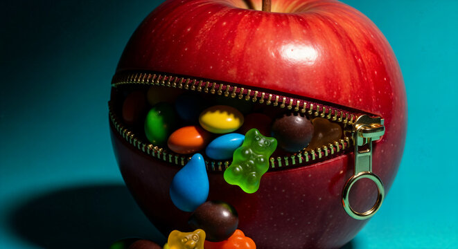 Red Apple Unzipped to Reveal Colorful Candies