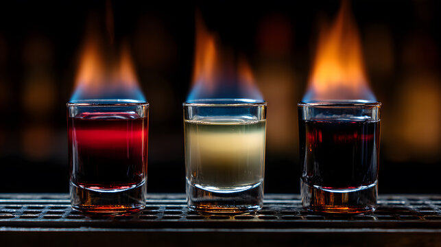 Three flaming shot glasses lined up in a dark bar setting