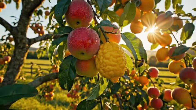 A vibrant scene of a fruit tree shows red apples and a yellow fruit surrounded by green leaves. The sunlight filters through, highlighting the apples and the yellow fruit.
