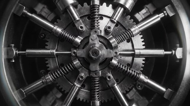 Complex metallic radial engine with pistons and gears rotating in a seamless loop, showcasing the precision and power of industrial engineering technology and advanced mechanical complexity