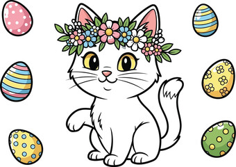 Adorable white kitten wearing a colorful springtime flower crown surrounded by beautifully decorated Easter eggs for holiday celebration design