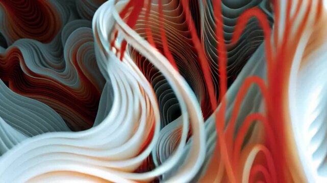 Flowing Abstract: An artistic close-up of flowing abstract shapes in swirling patterns, blending vibrant red, soft white, and muted gray hues to create a dynamic and visually stimulating piece.
