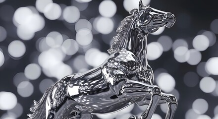 Sleek Chrome Horse Sculpture Rearing with Dynamic Pose Against a Sparkling Bokeh Lights Background