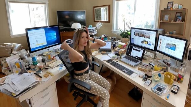 Workspace Dilemma: A woman is immersed in a complex work scenario, her surroundings a testament to the demands and intricacies of modern work life.