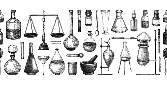 Vintage apothecary background. Ancient laboratory glassware hand drawn vector illustration. Alchemy seamless banner. Medicinal tools sketches. NOT AI generated.
