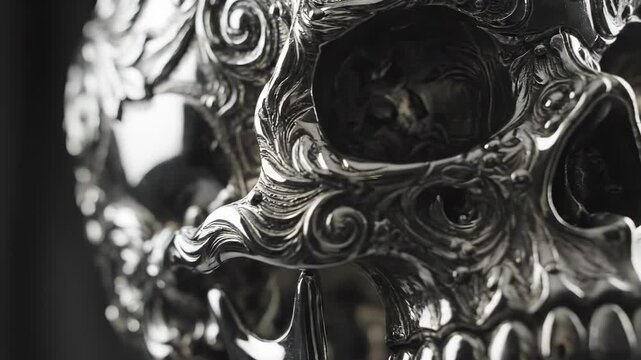 The intricate skull showcases detailed designs, with ornate patterns on the metallic surface. This skull reflects light and shadows, highlighting its craftsmanship.