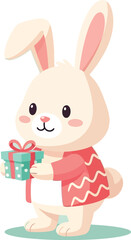Adorable cartoon white rabbit wearing a pink patterned sweater happily holding a small teal gift box illustration against a light background