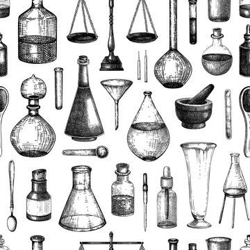 Vintage apothecary background. Ancient laboratory glassware hand drawn vector illustration. Pharmacy seamless pattern. NOT AI generated.