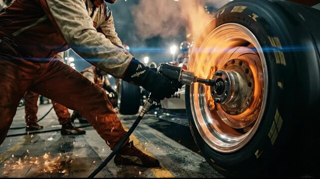 Close up of a pit crew performing a tire change on a race car during a competition. A mechanic uses an impact wrench, creating sparks as the glowing hot brakes cool down in the night