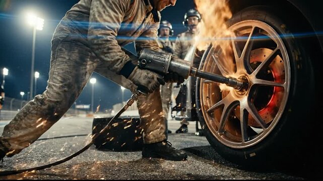 Dynamic scene of a pit crew team changing a tire on a performance car during a nighttime race. A skilled mechanic using a powerful pneumatic wrench with sparks flying from the hot wheel hub