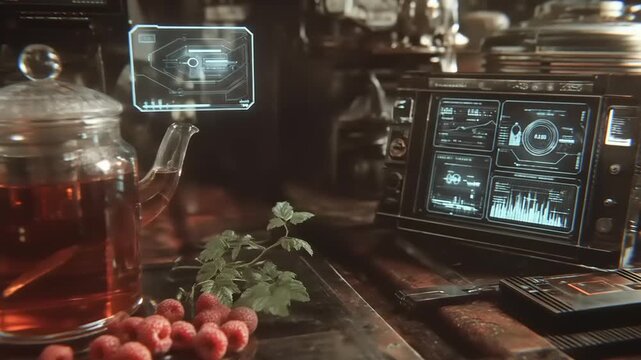 A transparent teapot, raspberries, and a display panel featuring data in a futuristic aesthetic