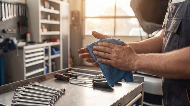 Auto mechanic cleaning greasy hands with a blue cloth next to professional tools on a metal workbench in a garage.