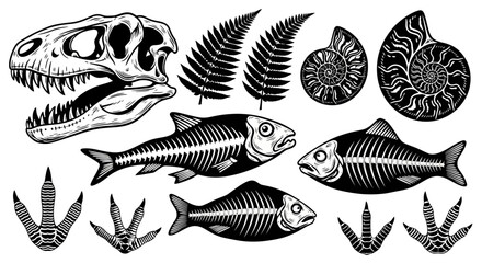 A collection of detailed black and white illustrations of prehistoric fossils including dinosaur skulls, fish skeletons, ammonites, fern leaves, and dinosaur footprints. © Mira