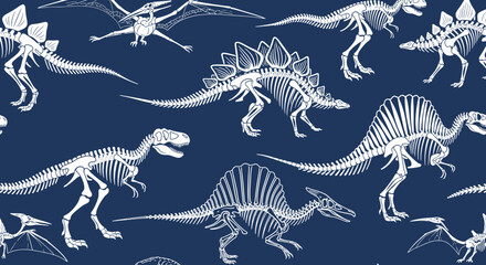 Seamless pattern of white dinosaur skeletons on a dark blue background, featuring various prehistoric creatures like T-Rex, Stegosaurus, and Pterodactyl. © Adi