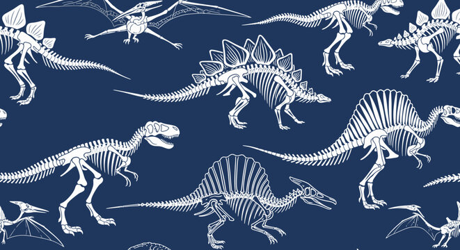 Seamless pattern of white dinosaur skeletons on a dark blue background, featuring various prehistoric creatures like T-Rex, Stegosaurus, and Pterodactyl.