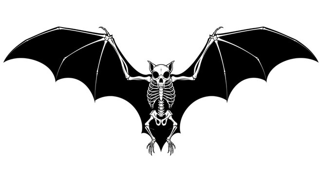 A striking black and white illustration of a bat skeleton with its wings spread wide, creating a gothic and spooky silhouette.