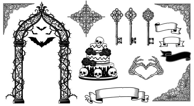 A collection of gothic vector elements including a thorny archway with bats, skull cake, ornate keys, skeletal hands, and decorative banners.